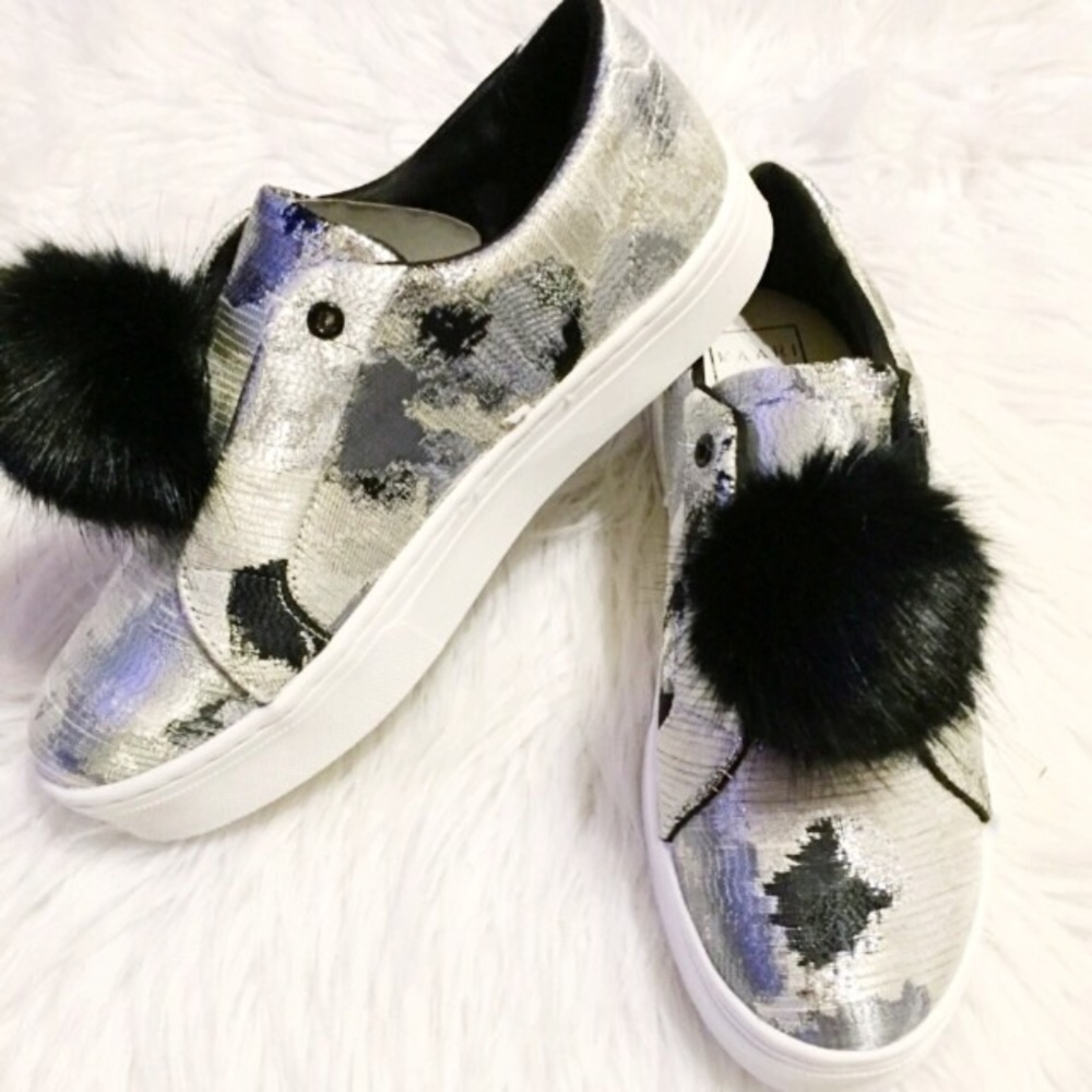 Silver/black brocade Pom Pom Sneakers - Picture 1 of 7